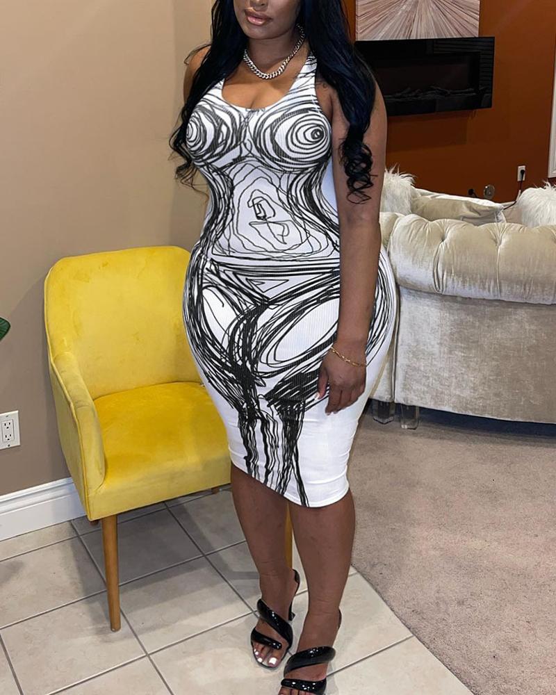 

Plus Size Abstract Print Sleeveless Bodycon Dress, Blackwhite