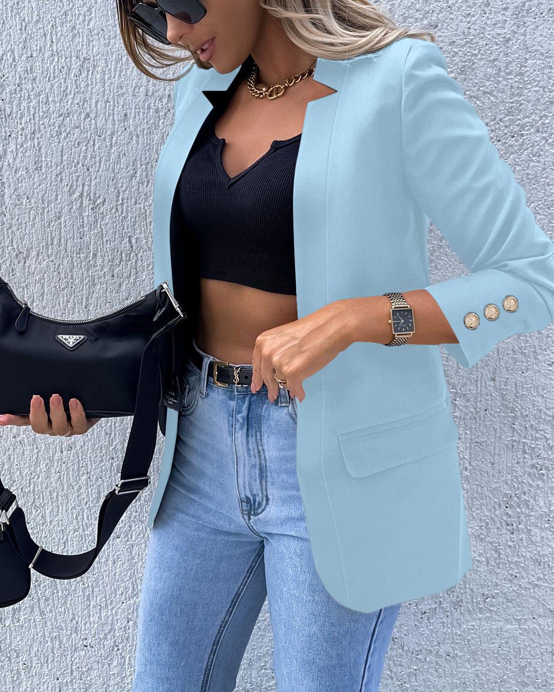 

Shawl Collar Long Sleeve Button Design Blazer Casual Open Front Work Office Jackets Blazer, Lighted blue