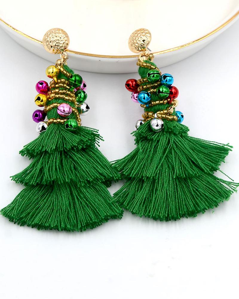 

1Pair Christmas Tree Jingle Bell Tassel Drop Earrings, Green