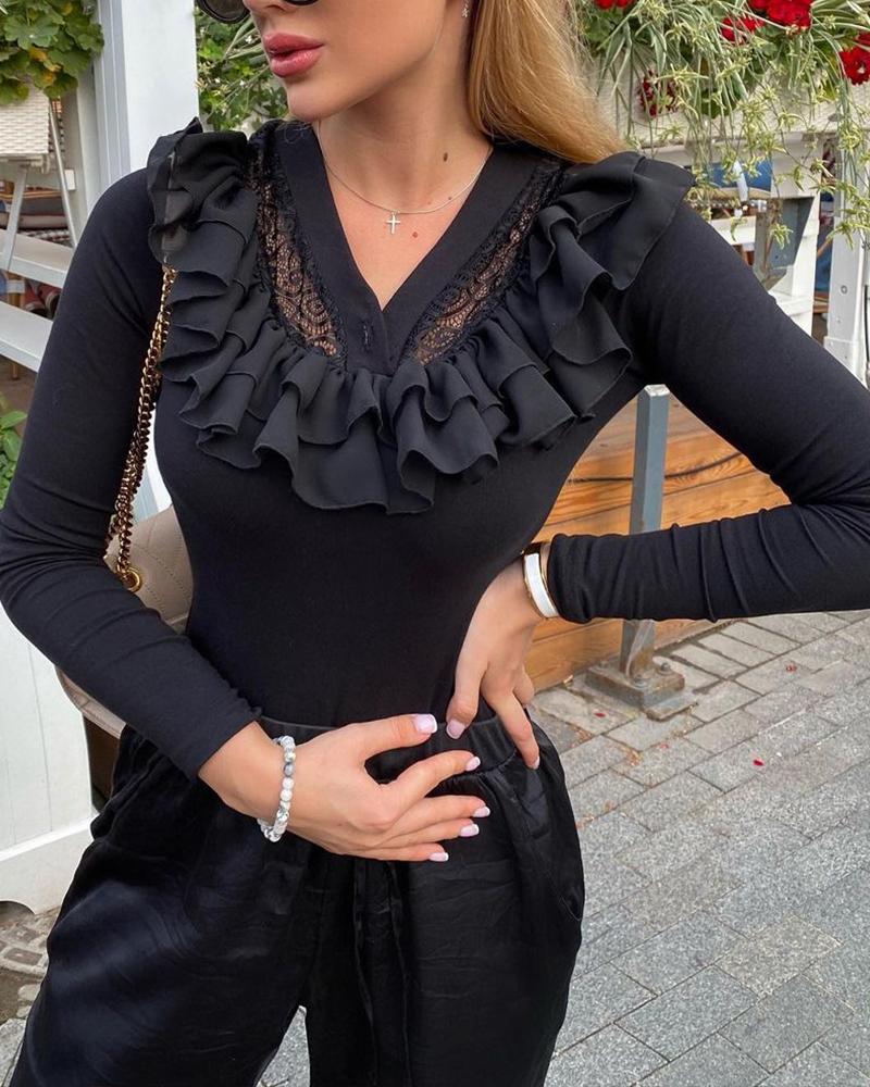 

Contrast Lace Ruffle Hem Skinny Top, Black