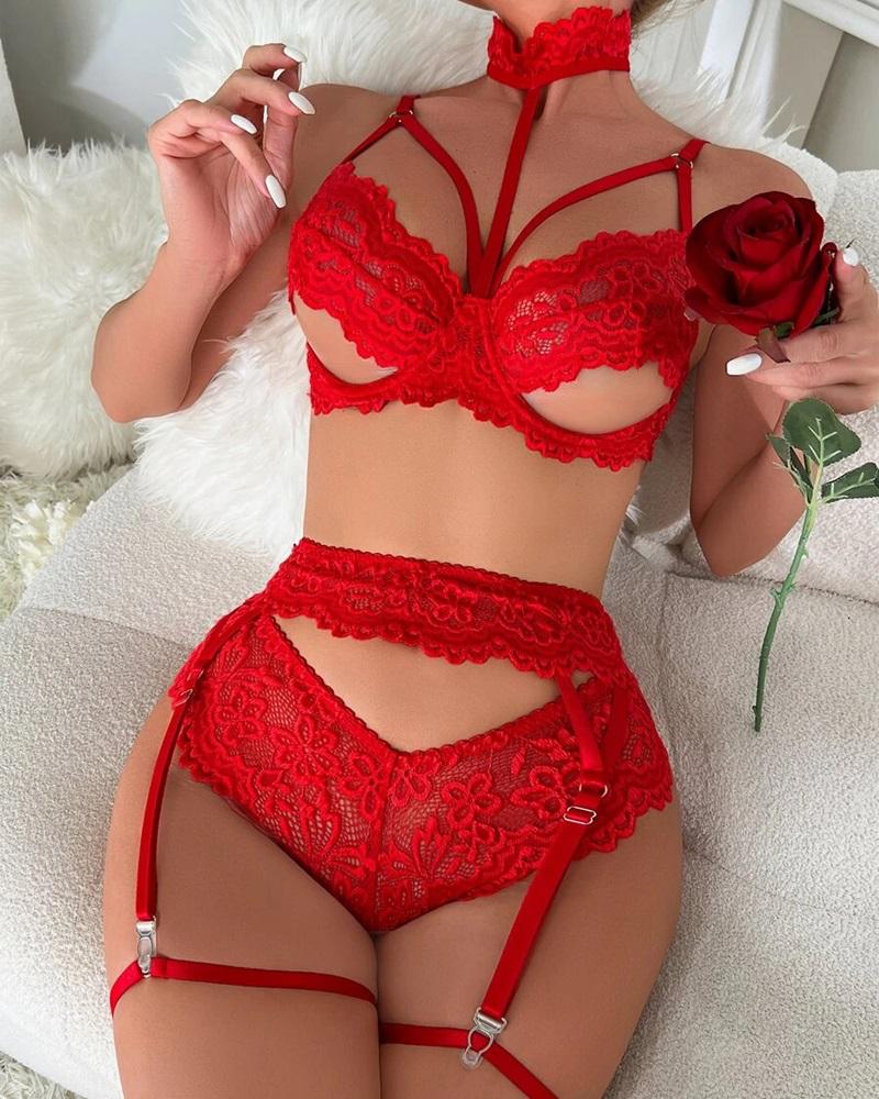 

Cutout Halter Lace Garter Lingerie Set, Red