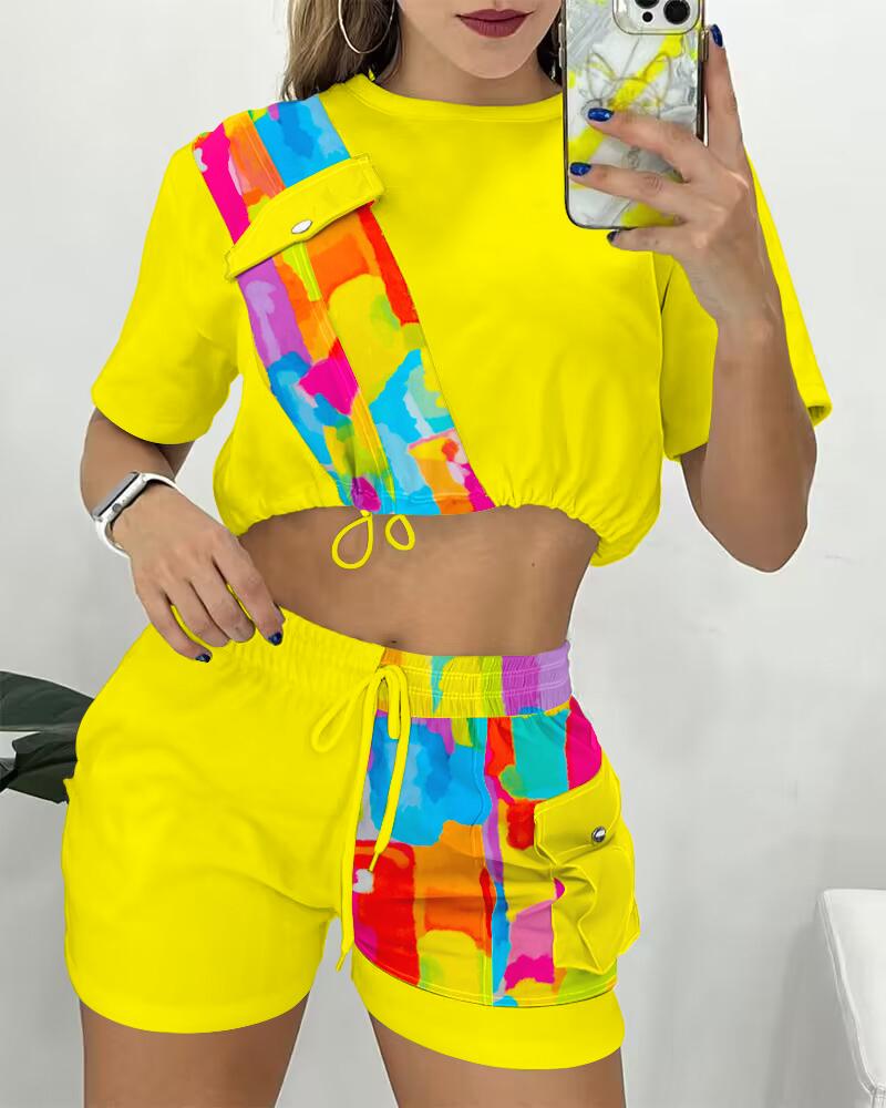 

Melting Colors Print Colorblock Crop Top & Drawstring Shorts Set, Yellow