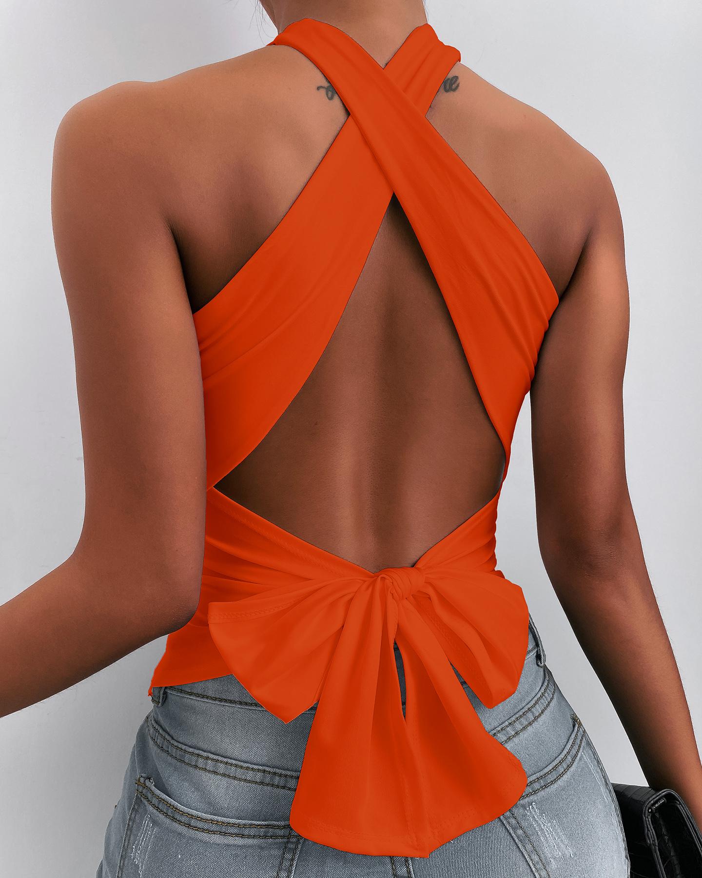 

Halter Backless Knotted Design Top, Orange