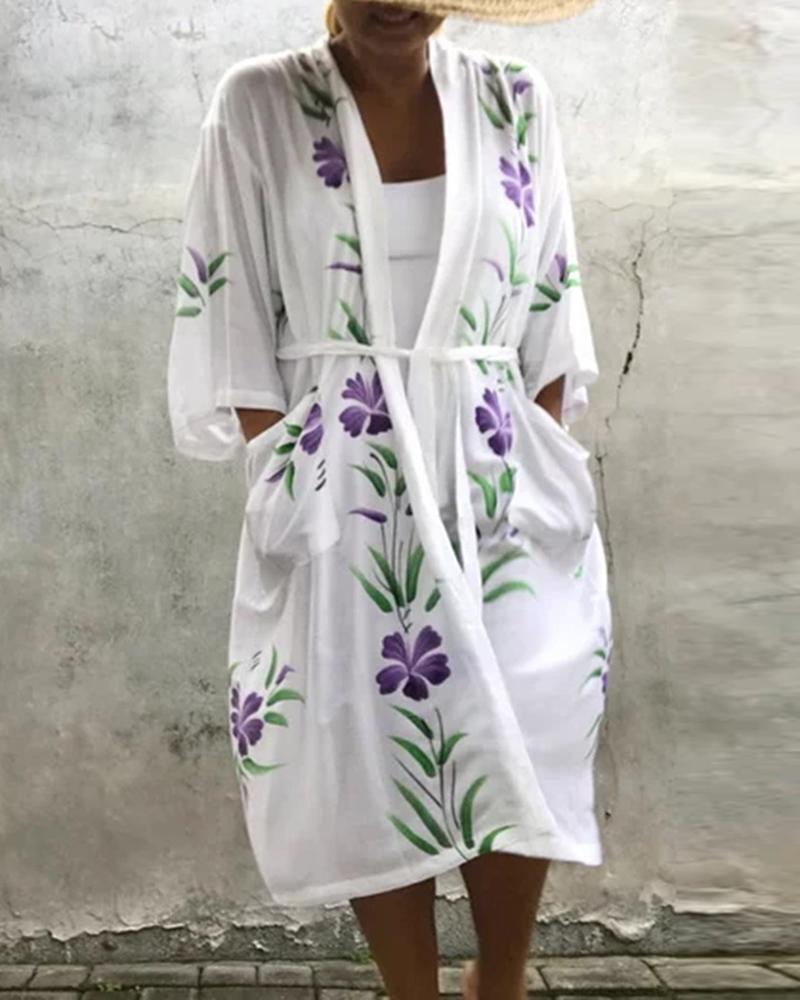 

Floral Plant Print Tied Detail Cover Up Robe, Blue