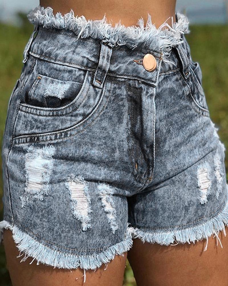 

Ripped Fringe Hem Denim Shorts, Blue
