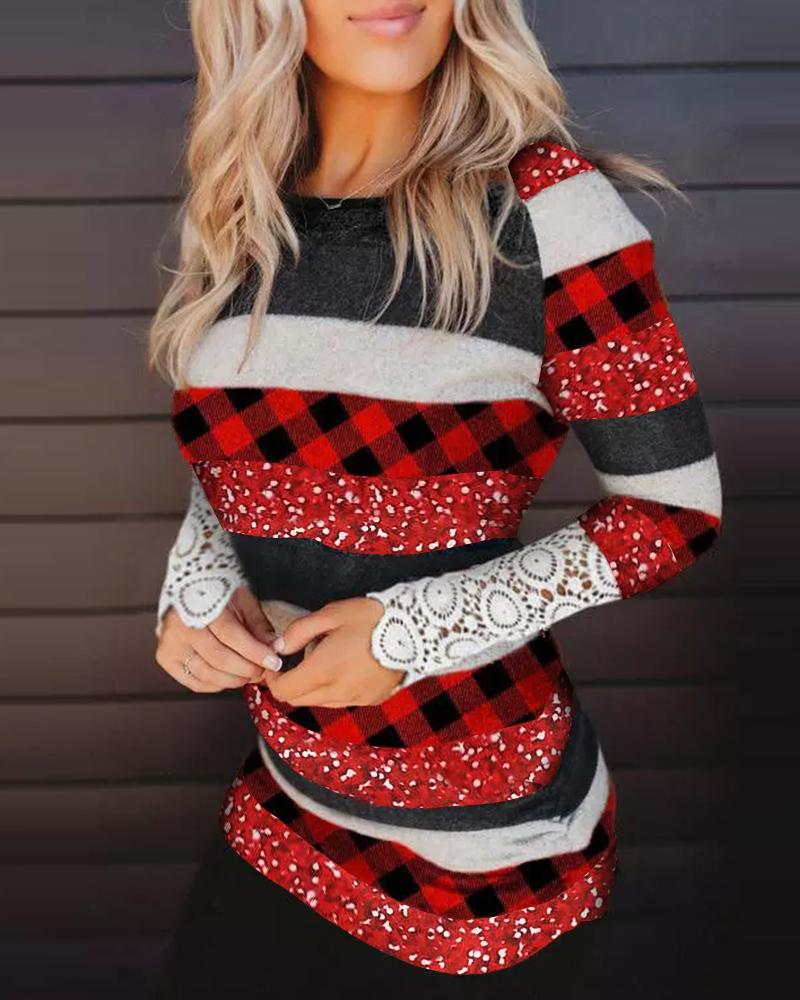 

Contrast Lace Plaid Print Colorblock Top, Red
