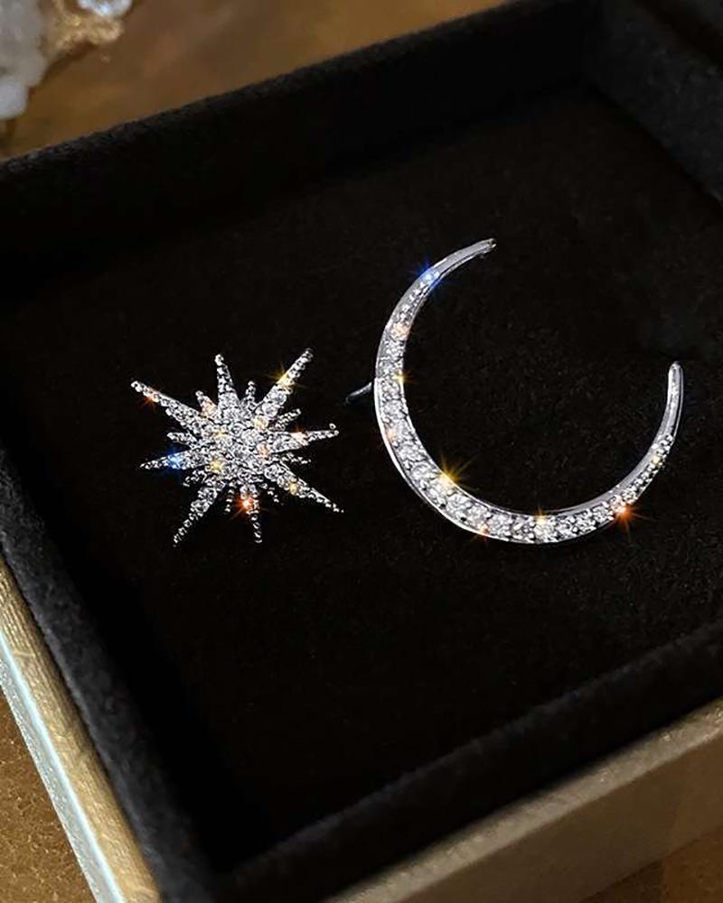 

1Pair Rhinestone Moon Star Shaped Earrings, Silver