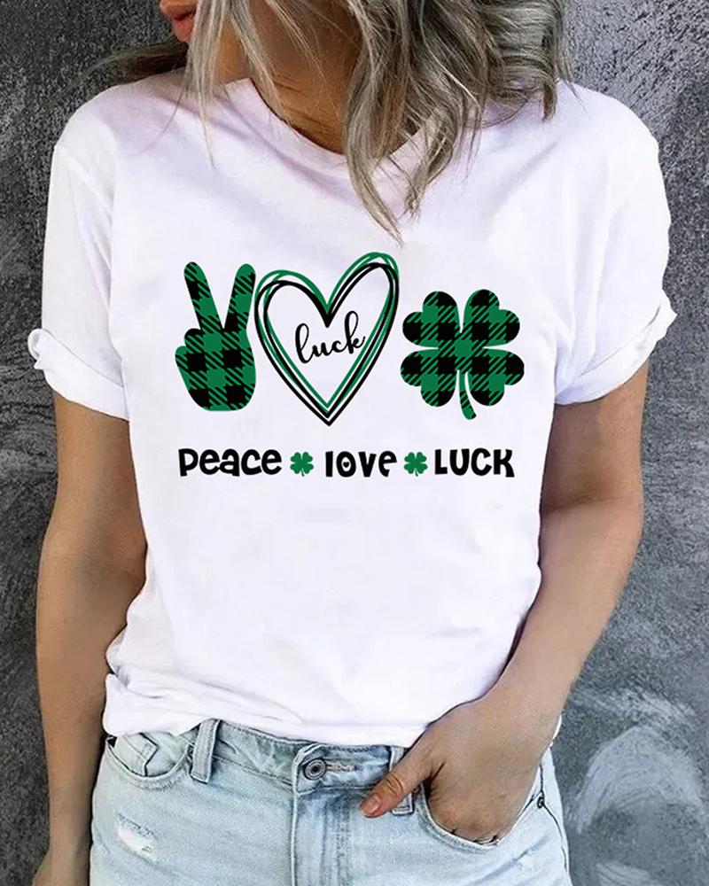 

Four Leaf Clover Letter Print Short Sleeve T-shirt, White