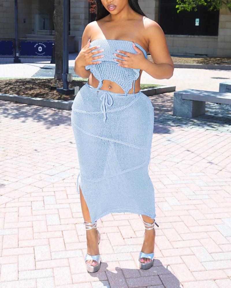 

Hollow Out Backless Crop Top & Slit Skirt Set, Light gray