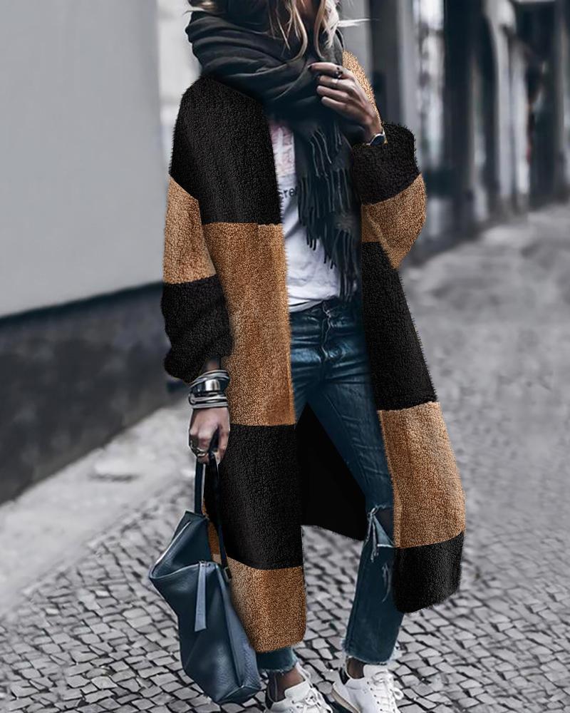 

Colorblock Open Front Longline Teddy Coat, Brown