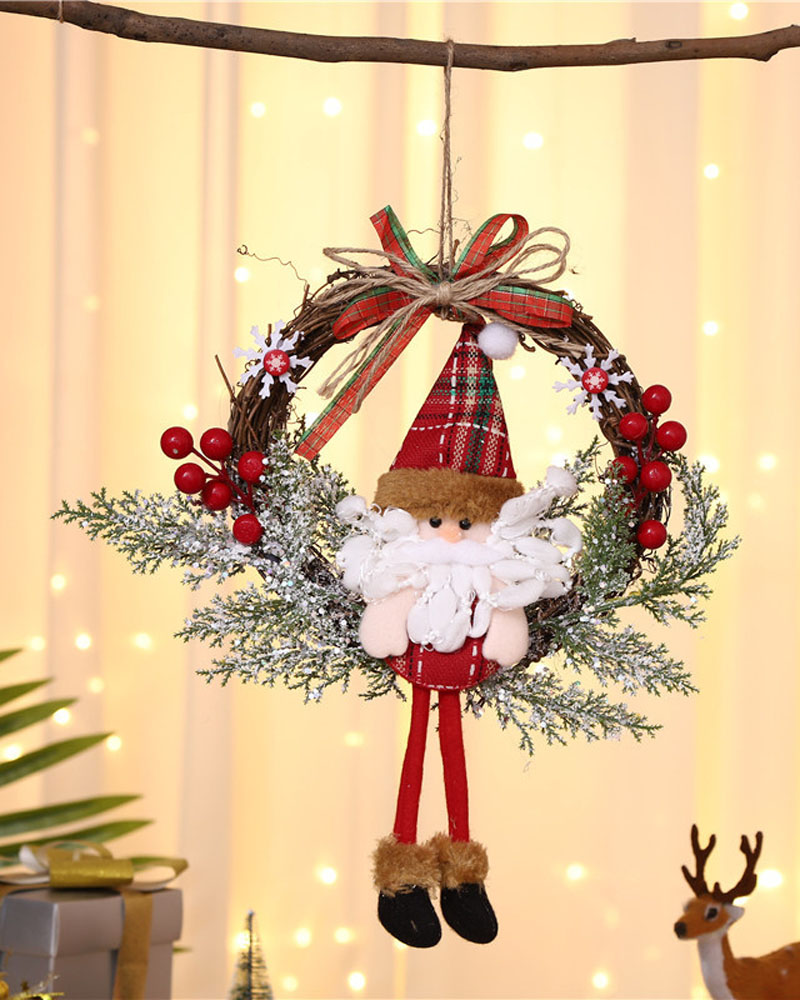 

Christmas Santa Claus Doll Wreath Round Vines Wreath Holiday Home Party Decoration Cartoon Doll Garland Window Door Hanging Ornament, Style1