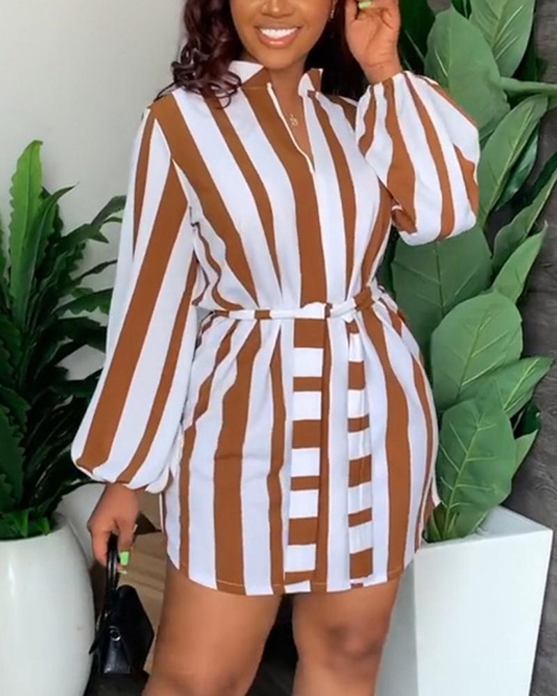 

Striped Lantern Sleeve Belted Shirt Dress, Brown