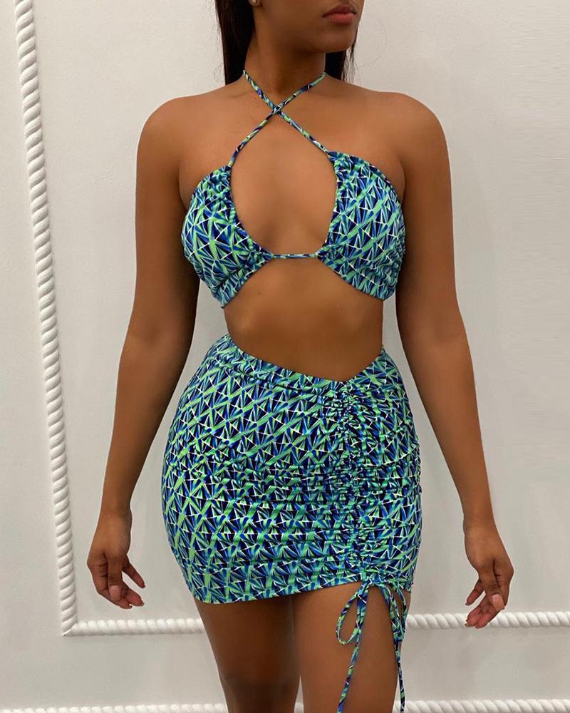 

Colorblock Halter Backless Crop Top & Drawstring Skirt Set, Multicolor