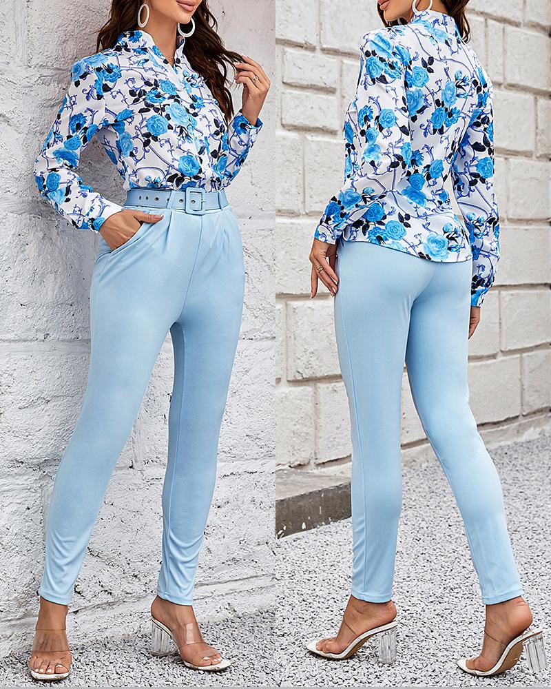 

Floral Baroque Print Shirt & High Waist Pants Set, Blue