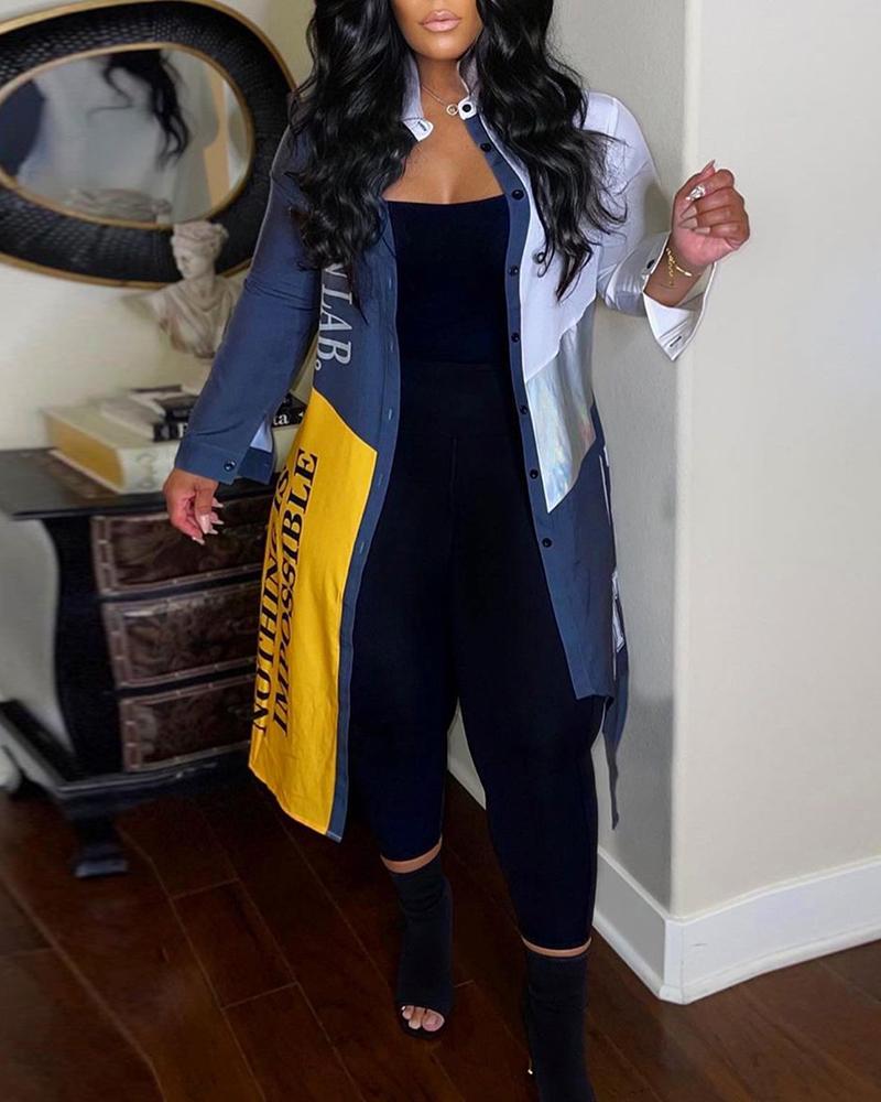 

Letter Print Colorblock Buttoned Asymmetrical Longline Coat, Blue