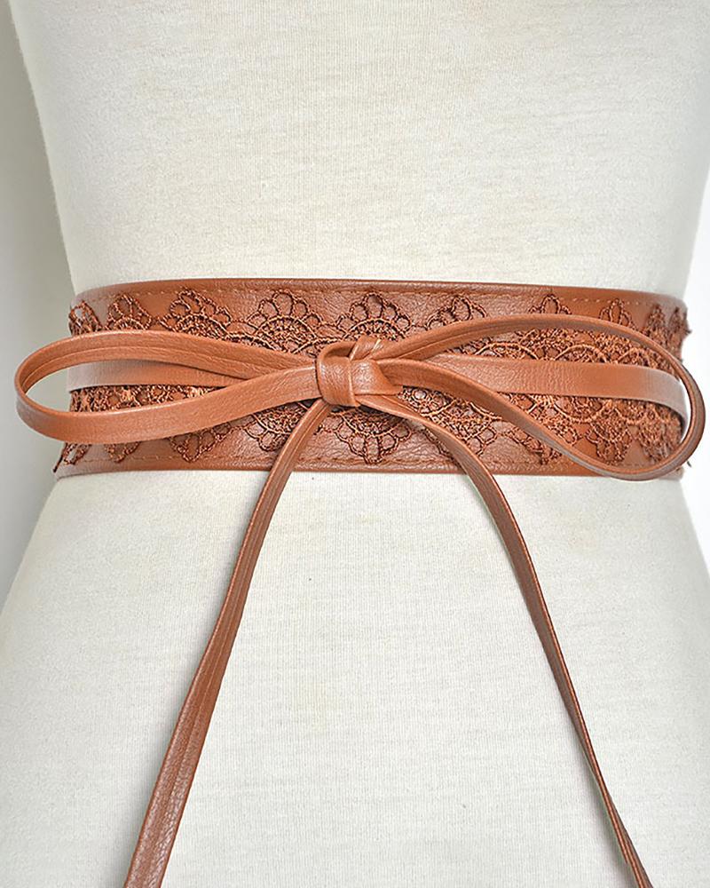 

1PCS Floral Lace Decor Tied Detail PU Leather Corset Belt, Brown