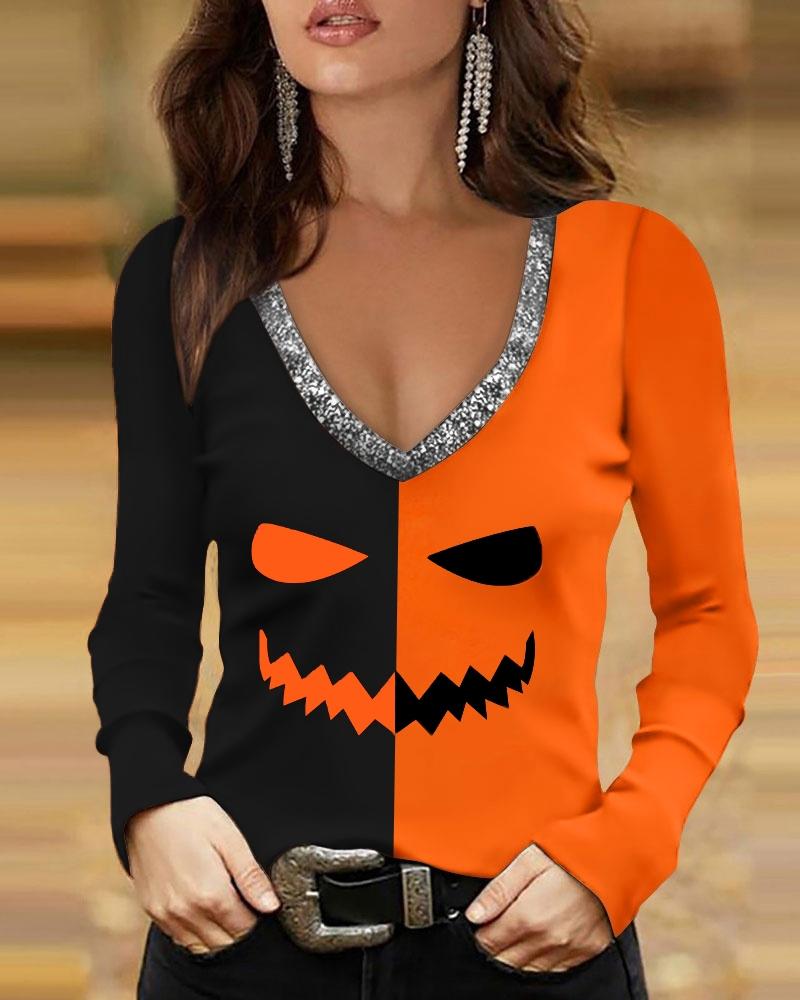 

Halloween Graphic Print Colorblock Long Sleeve Top, Orange