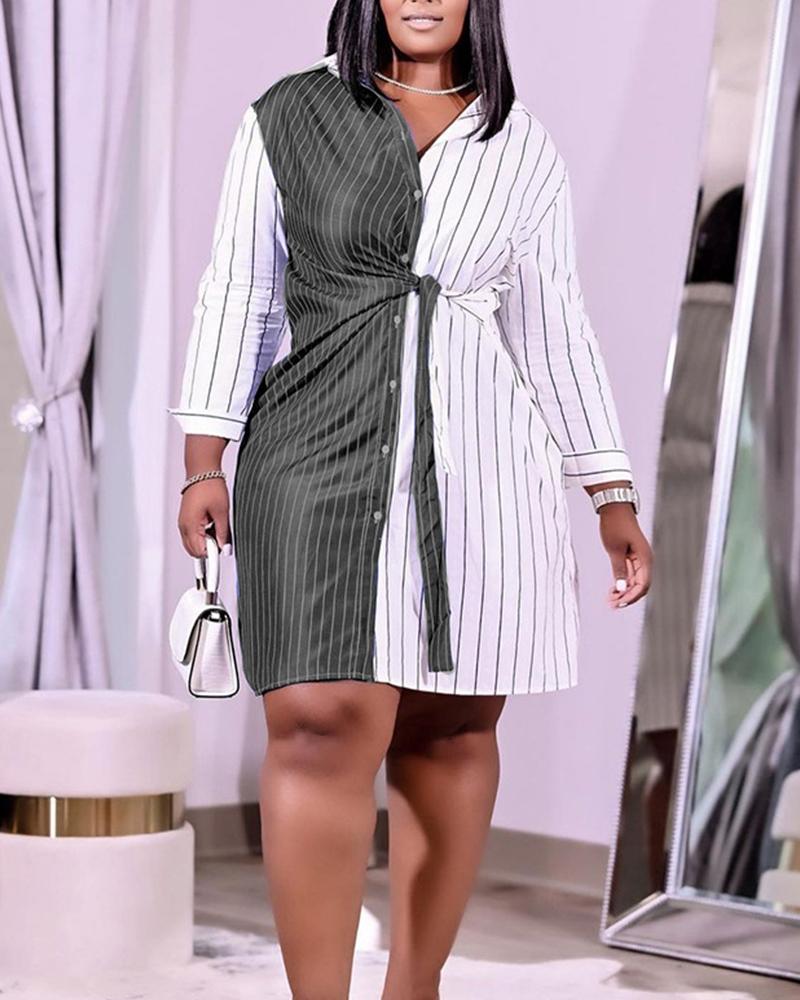 

Colorblock Striped Self Tie Button Up Shirt Dress, Black