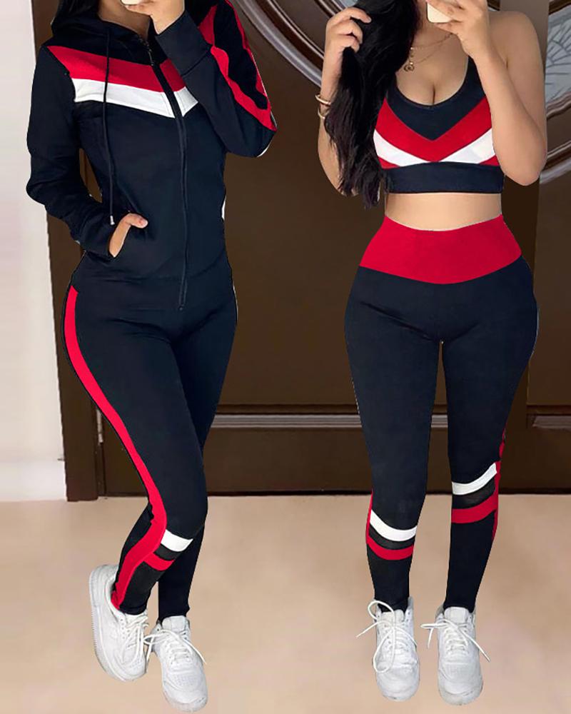 

Colorblock Crop Top & High Waist Pants & Hooded Coat Set, Dark blue