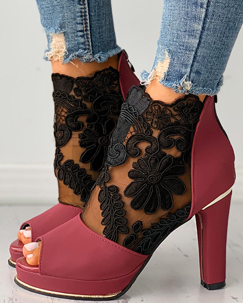 

Peep Toe Crochet Lace Patch Chunky Heels, Wine red