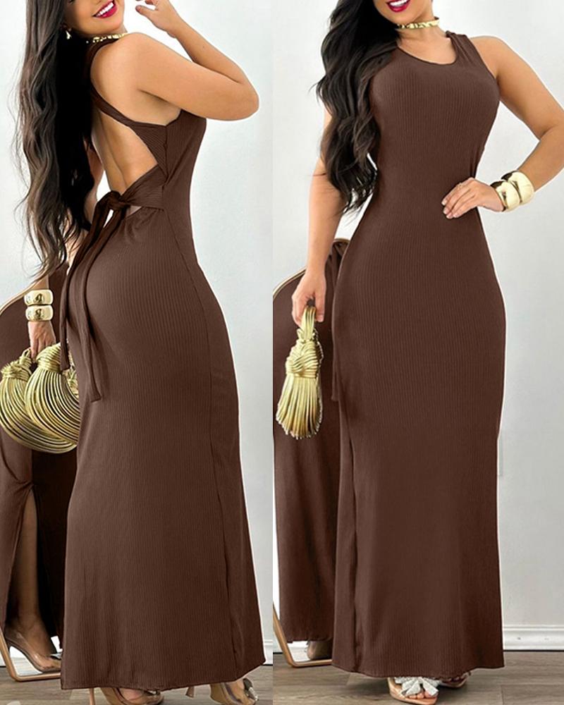 

U Neck Sleeveless Tied Detail Maxi Dress Casual Backless Slim Fit Dress, Coffee