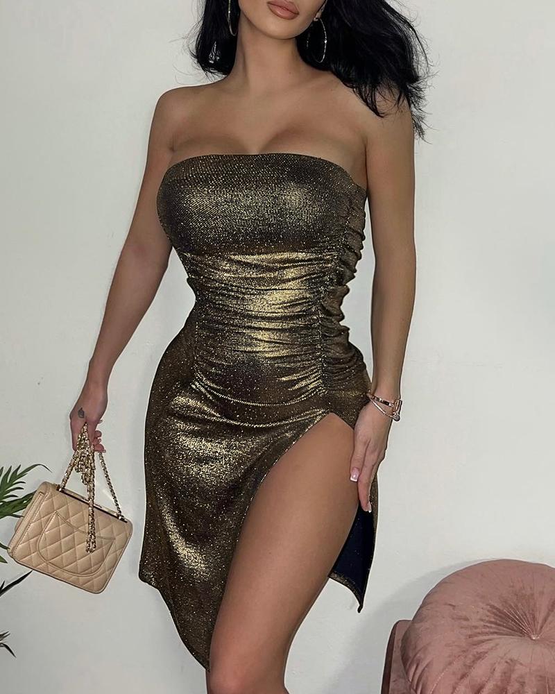 Glitter Bandeau Slit Ruched Party Dress