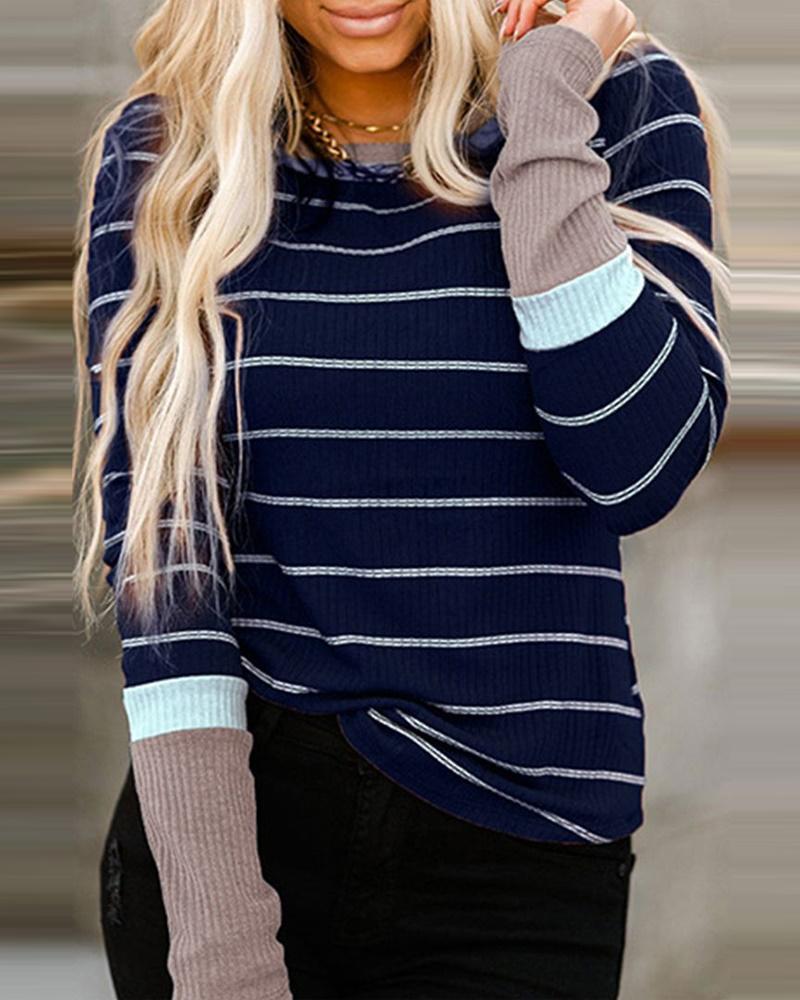 

Striped Long Sleeve Ribbed Top, Blue