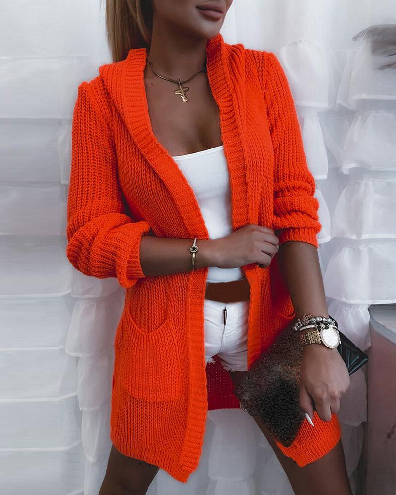

Pocket Design Knit Long Sleeve Hooded Cardigan, Orange
