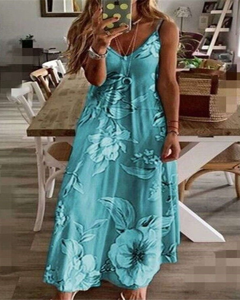 

Floral Print V-Neck Casual Cami Dress, Lighted blue