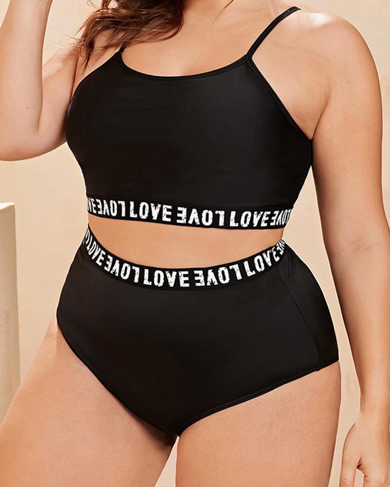 

Plus Size Love Letter Pattern U-Neck Bikini Set, Black