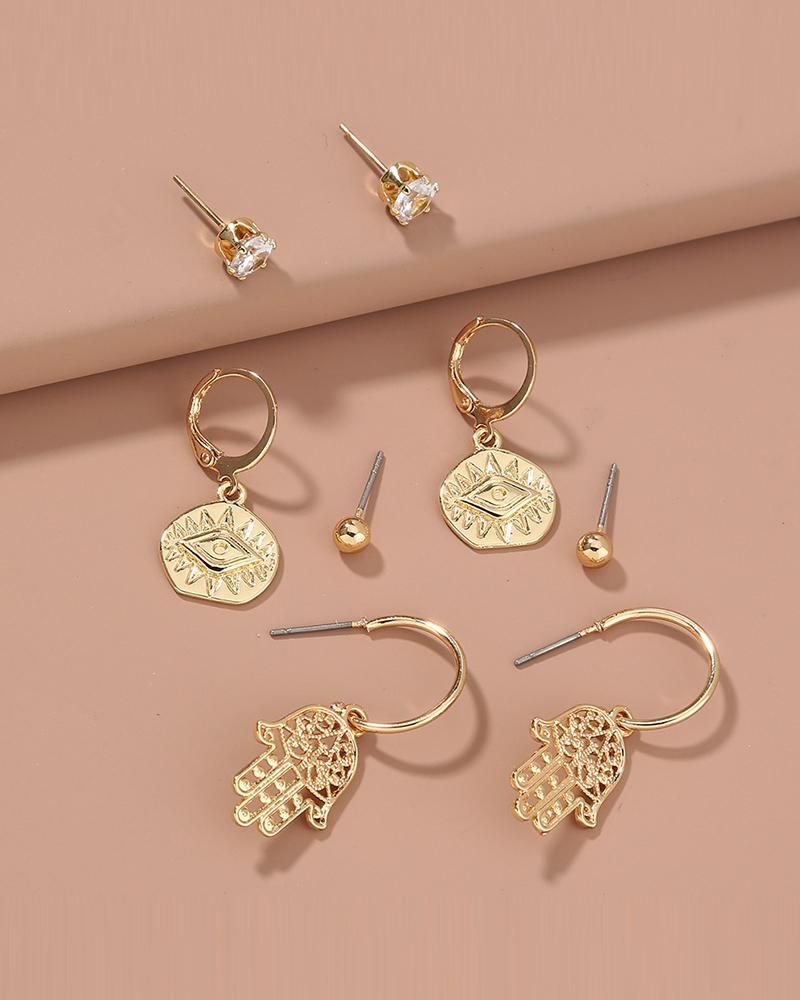 

3Pairs Studded & Devil Eye & Hands Of God Drop Earrings, Gold