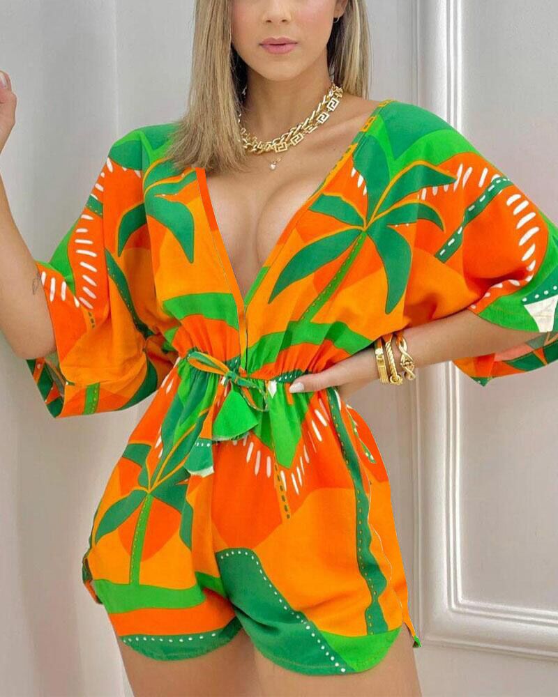 

Tropical Print Drawstring Deep V-Neck Romper, Multicolor