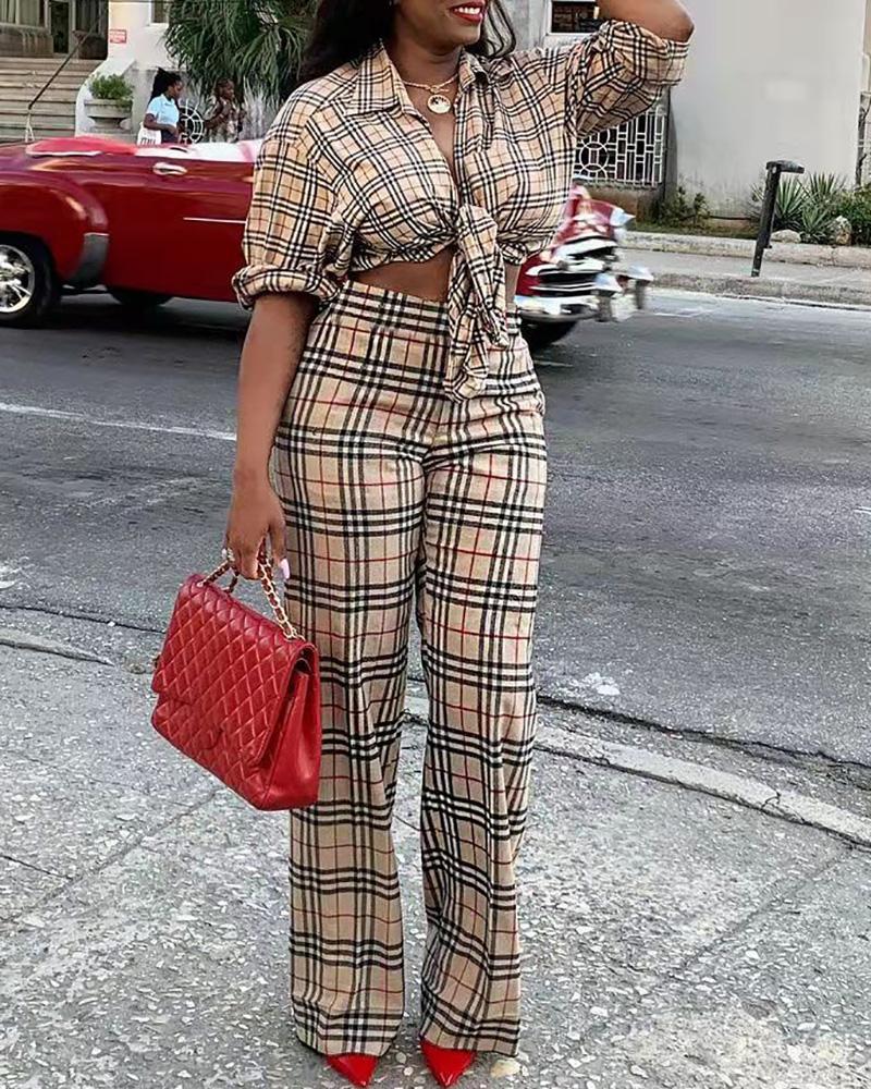 

Plaid Print Long Sleeve Top & Wide Leg Pants Set, Khaki