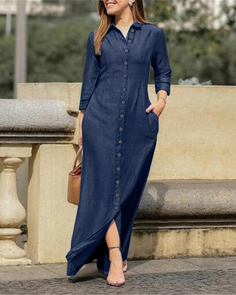 

Long Sleeve Button Down Denim Dress, Dark blue