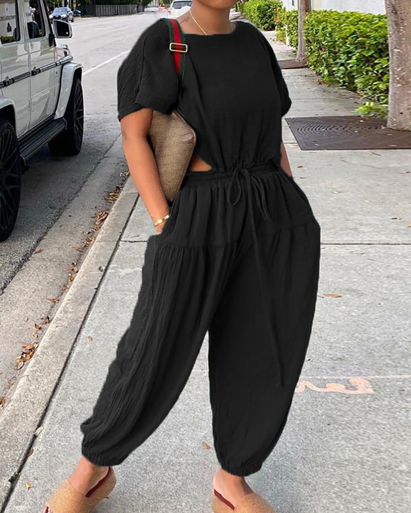 

Short Sleeve Top & Pocket Design Drawstring Pants Set, Black