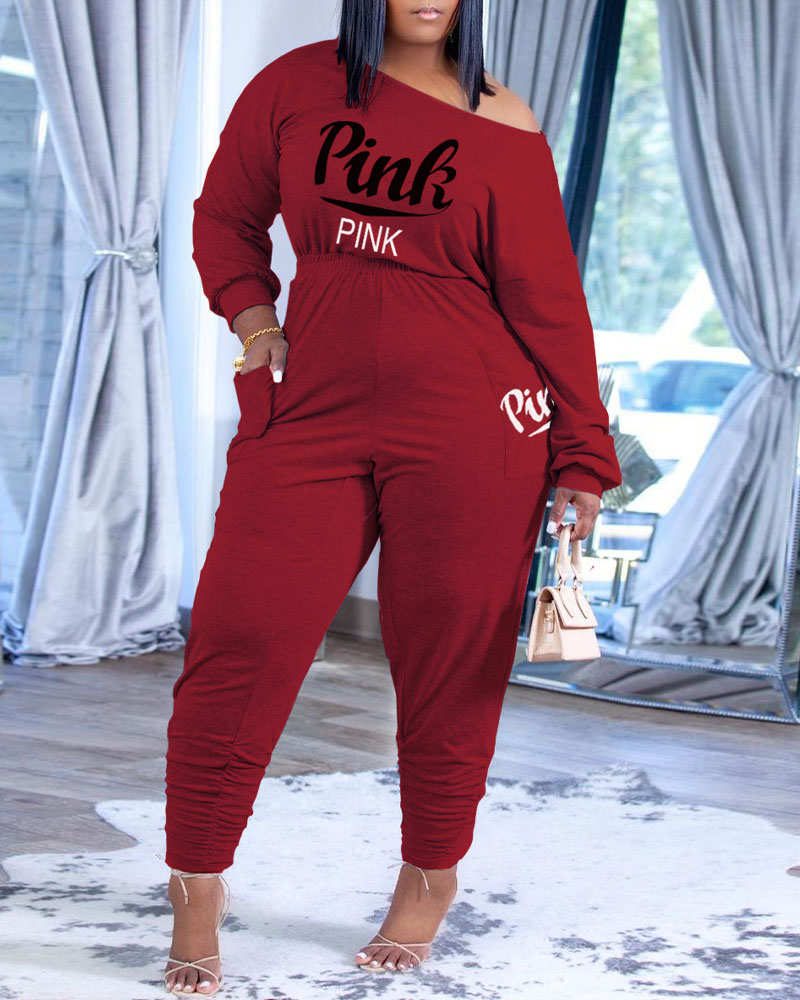 

Letter Print Long Sleeve Top & Pocket Pants Set, Wine red