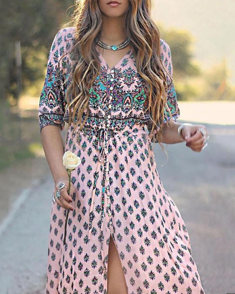 

High Slit Button Front Graphic Print Dress, Pink