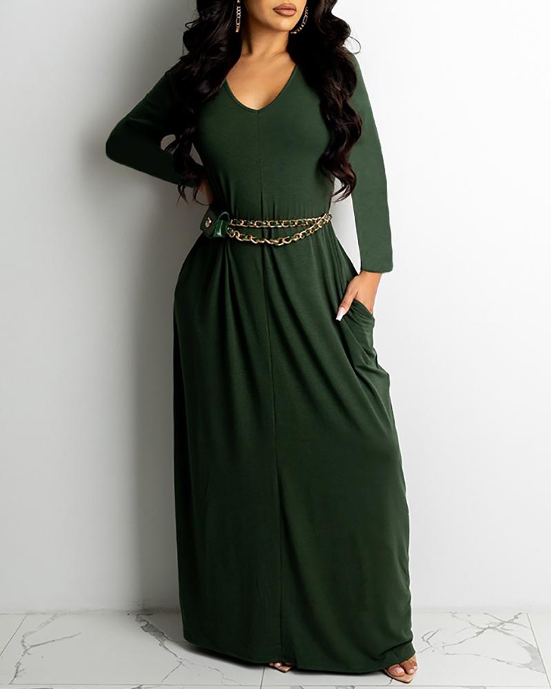 

V Neck Long Sleeve Casual Maxi Dress, Green