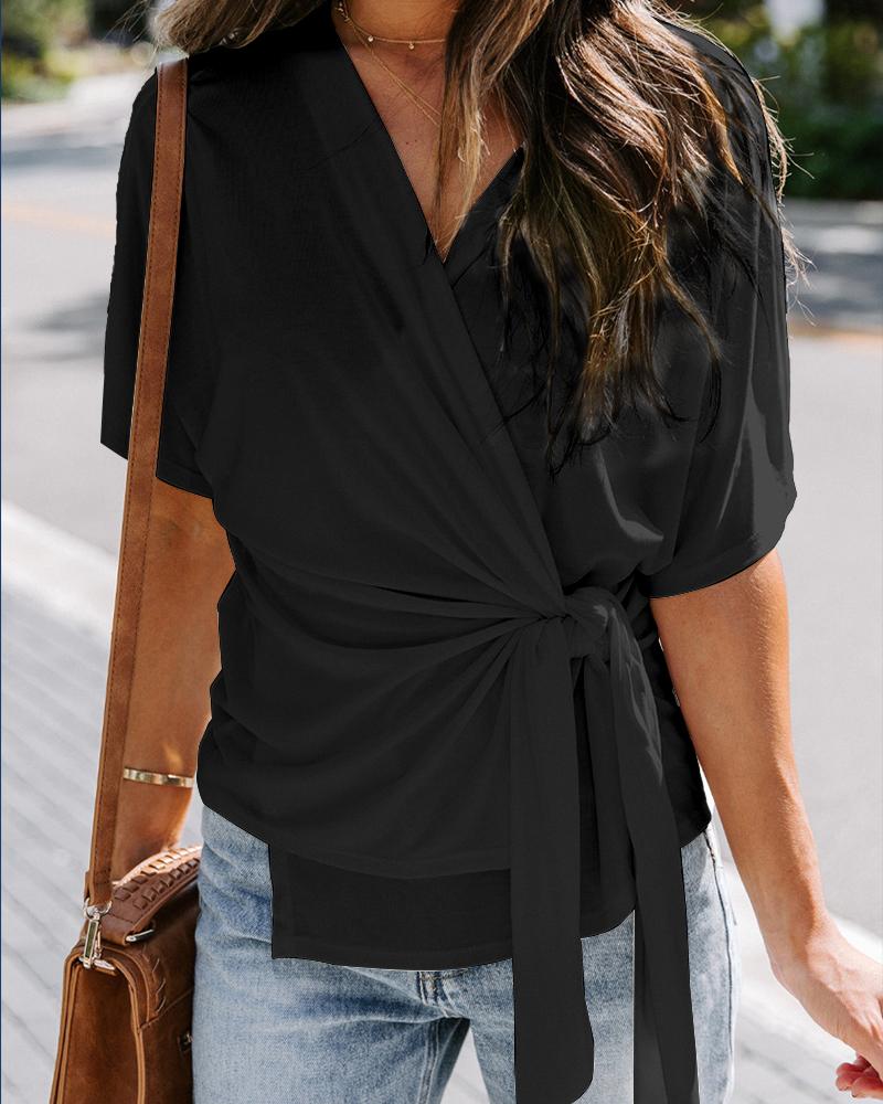 

Overlap Collar Tied Detail Top, Black