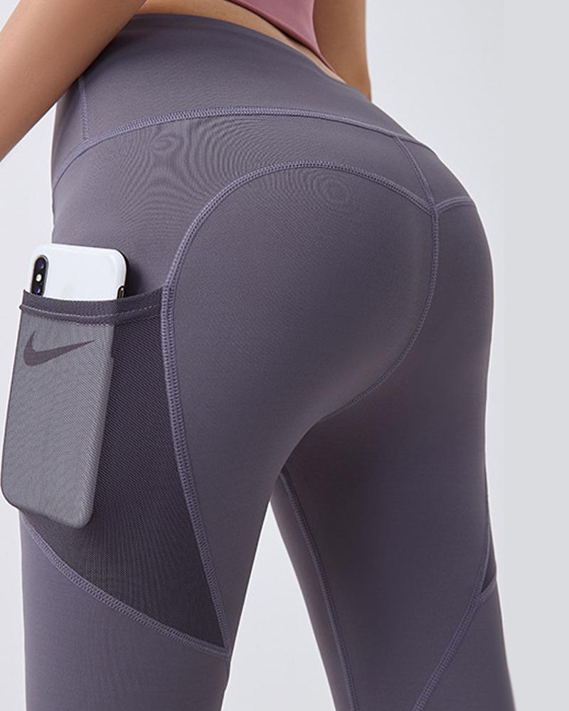 

Contrast Mesh Pocket Design High Waist Butt Lift Yoga Pants, Purple