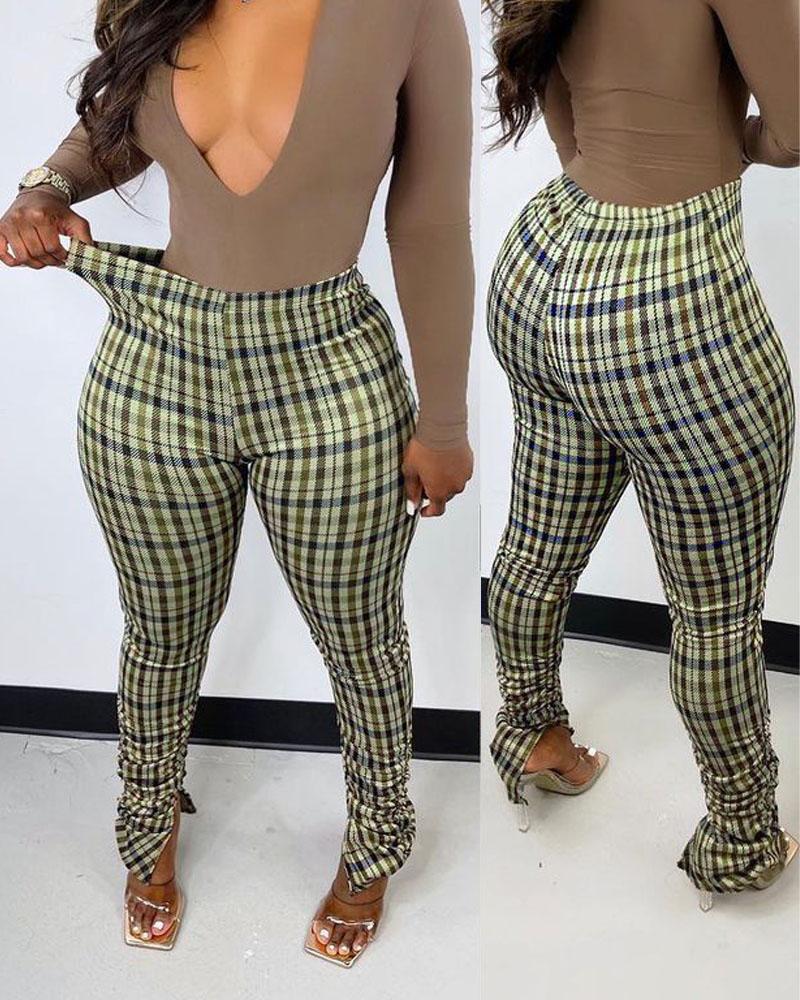 

Plaid Print Split Hem Stacked Skinny Pants, Brown