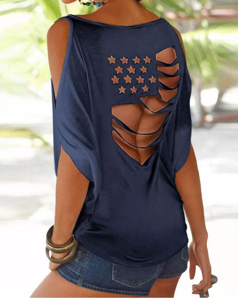 

Cutout Back Cold Shoulder Top, Blue