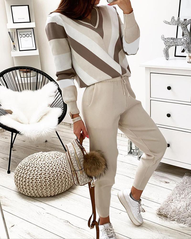 

Colorblock Long Sleeve Top & Drawstring Pants Set, Beige