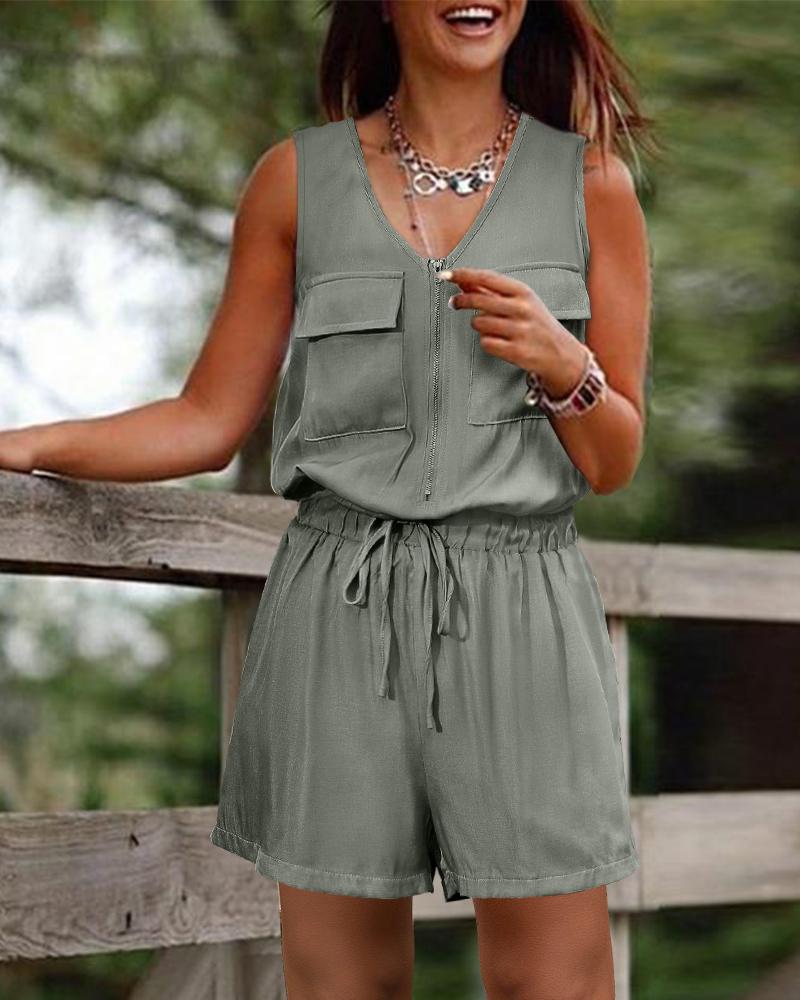 

Pocket Decor Drawstring Sleeveless Romper, Army green