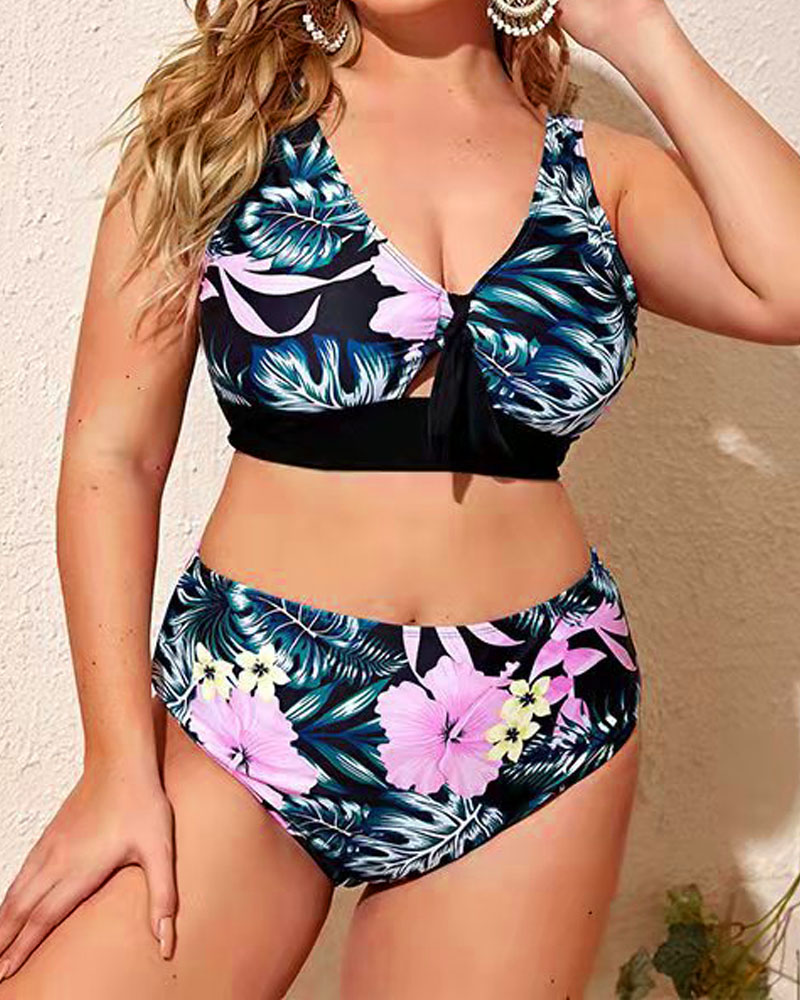 

Plus Size Tropical Print High Waist Bikini Set, Green