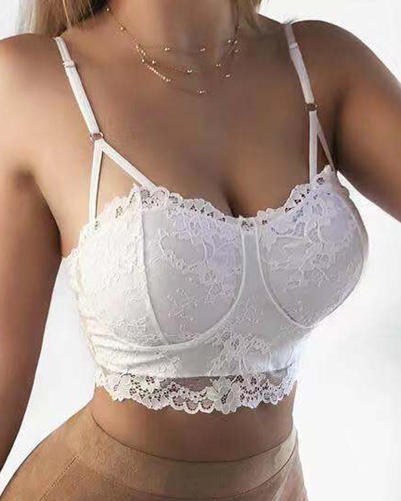 

Solid Strap Skinny Lace Tanks Non-wired Bra, White