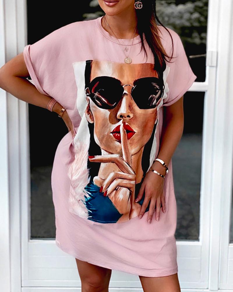 

Figure Print Short Sleeve Casual T-shirt, Pink