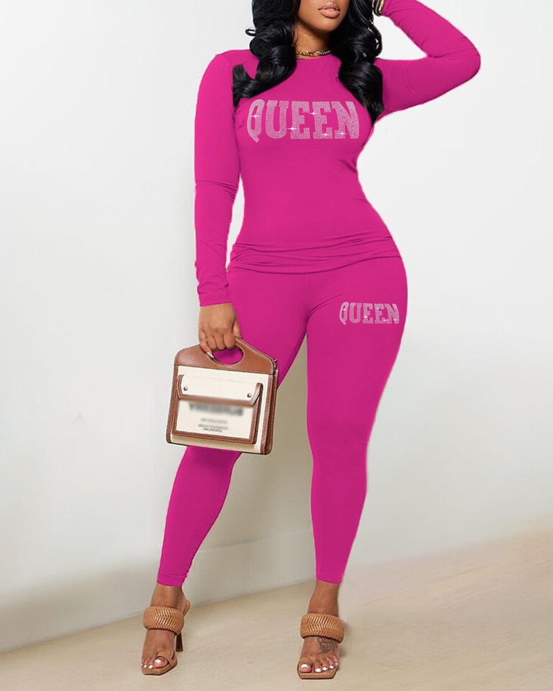 

Rhinestone Letter Pattern Long Sleeve Top & Pants Set, Hot pink