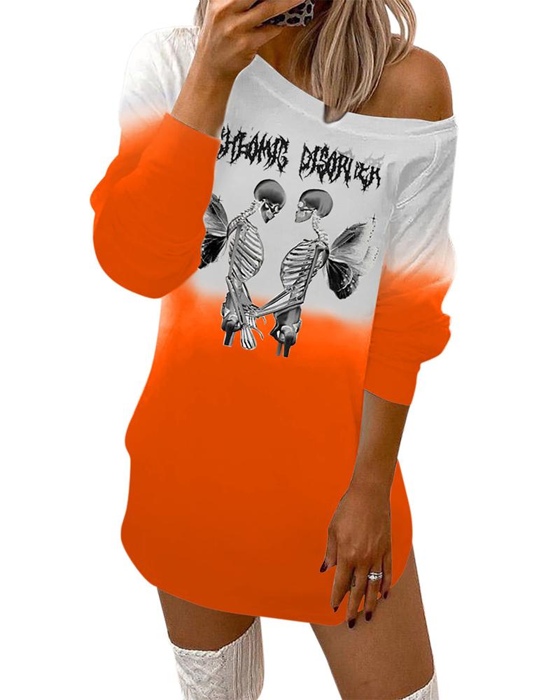 

Halloween Letter Skeleton Print Ombre Casual Dress, Orange