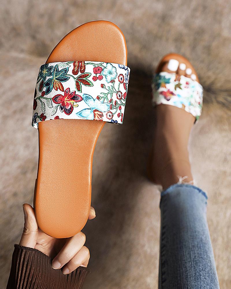 

Round-toe Multicolor Floral Print Strap Flat Slippers, White